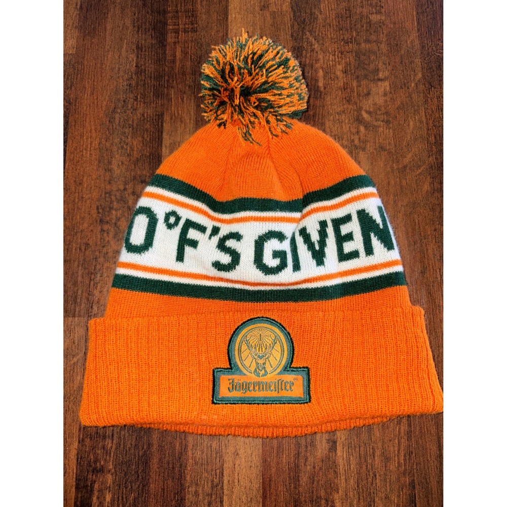 Jagermeister Beanie Hat Orange Green 0 F's Given Pom Pom Winter Knit Cap